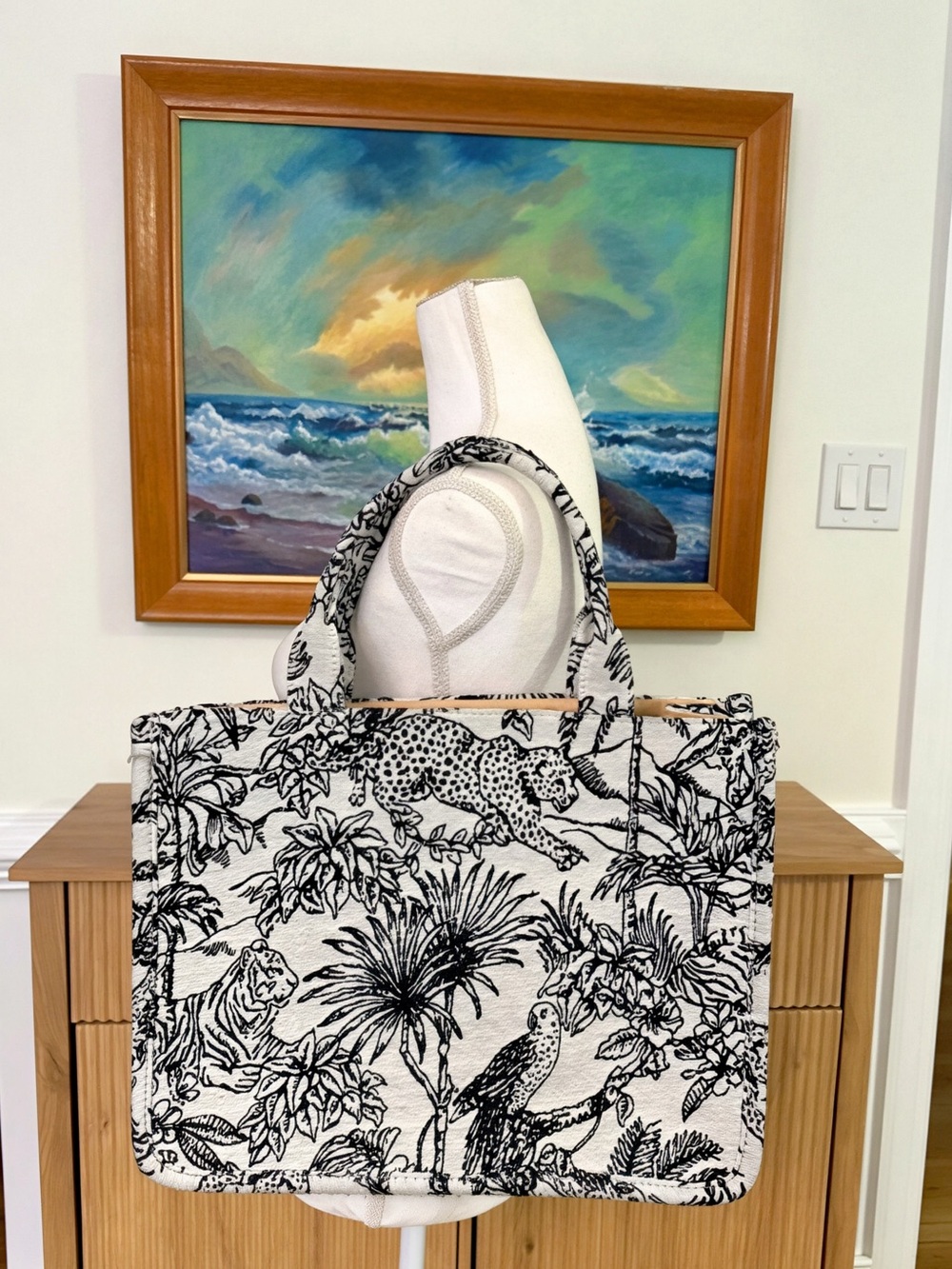 Canvas Jungle Print Tote Bag in Black & White